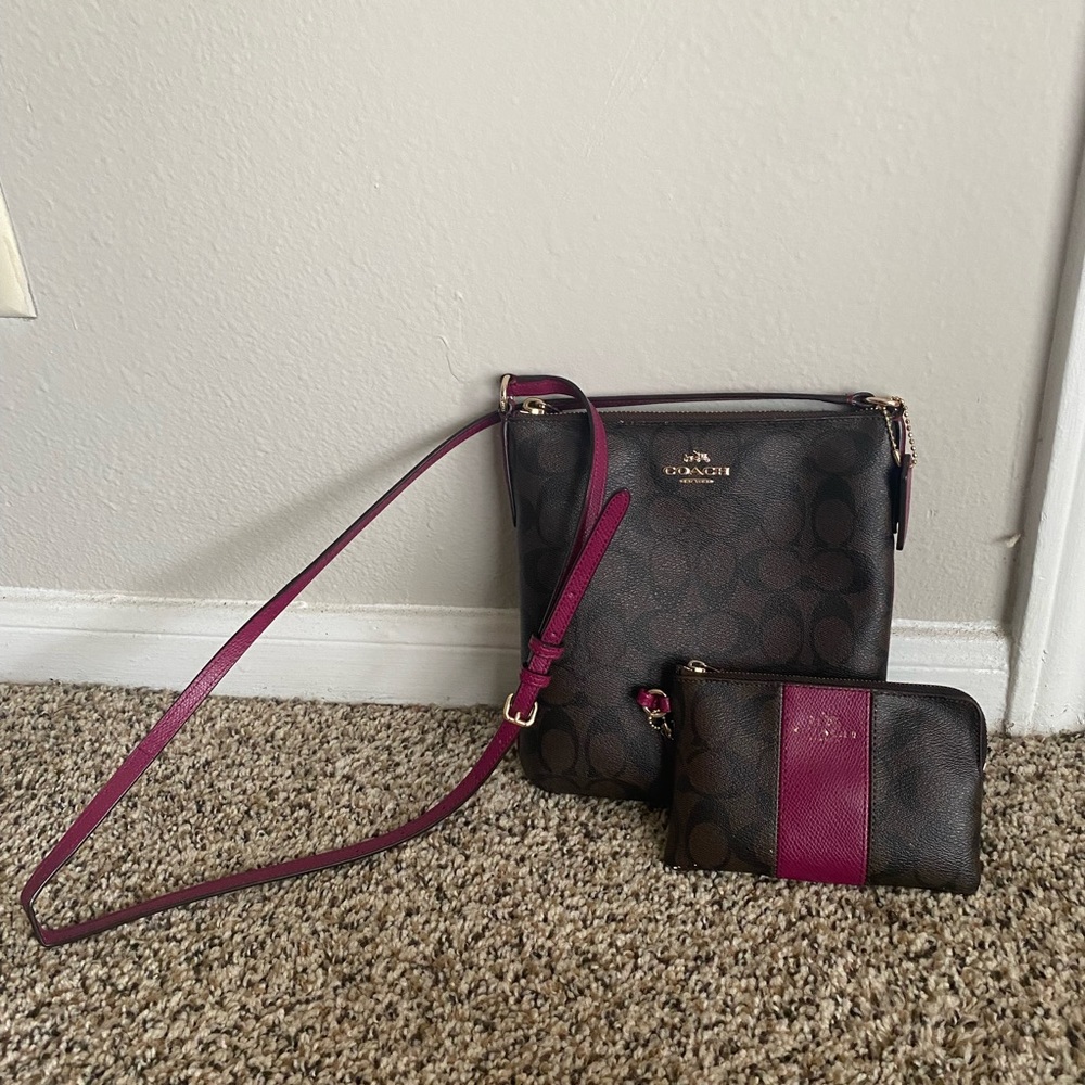 Coach | Brown & Cranberry Coach Signature North South Crossbody and Wallet